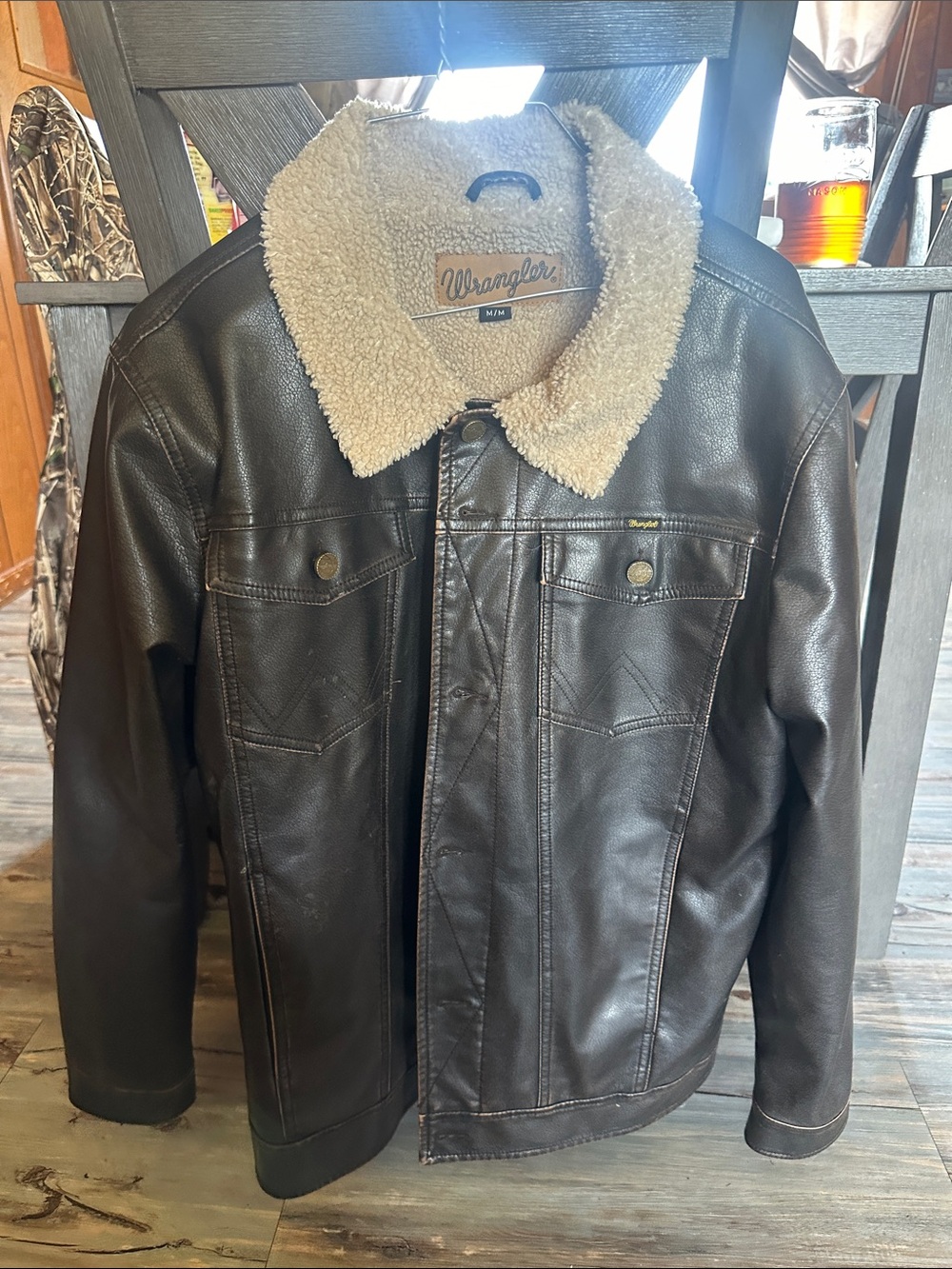 Wrangler Dark Brown Faux Leather Jacket with Cream Sherpa Collar